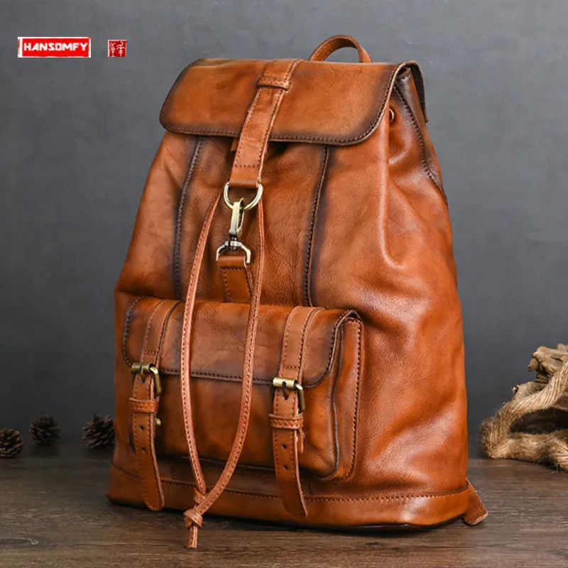 

Luxury Genuine Leather Men's Backpack Large Capacity Laptop Bag Vintage Soft Big Travel Backpacks Shoulder School Bags 2024 New