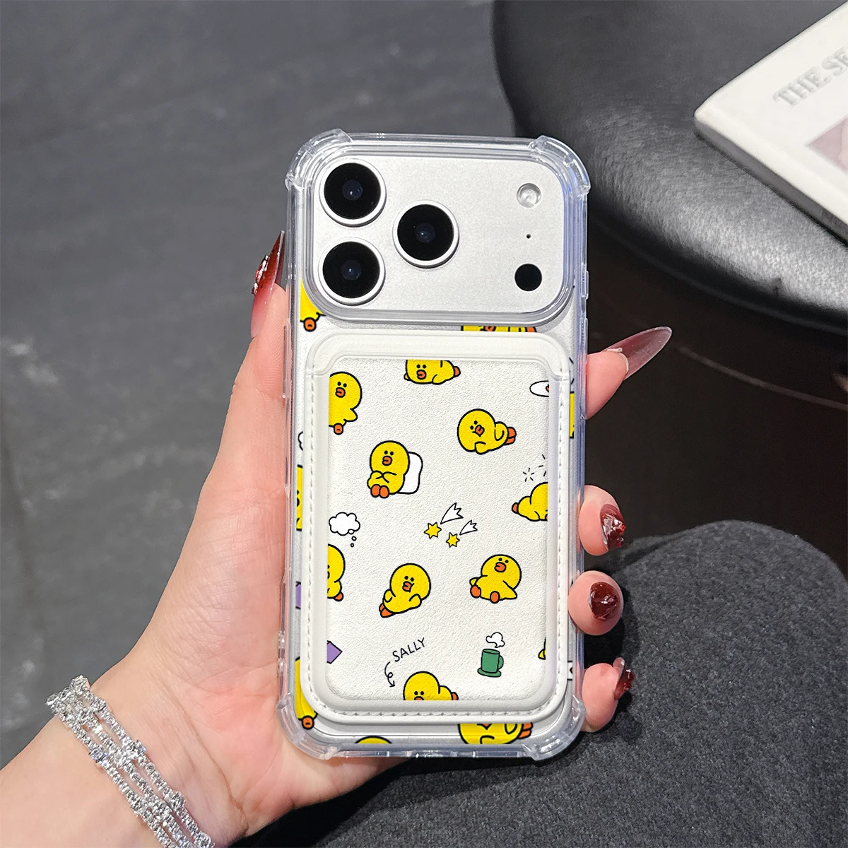 Sally Duck Handyhülle für iPhone 17 16 15 14 13 Pro Max Plus mit Brieftaschenfach, transparent, weiches TPU für magnetische Handyhüllen