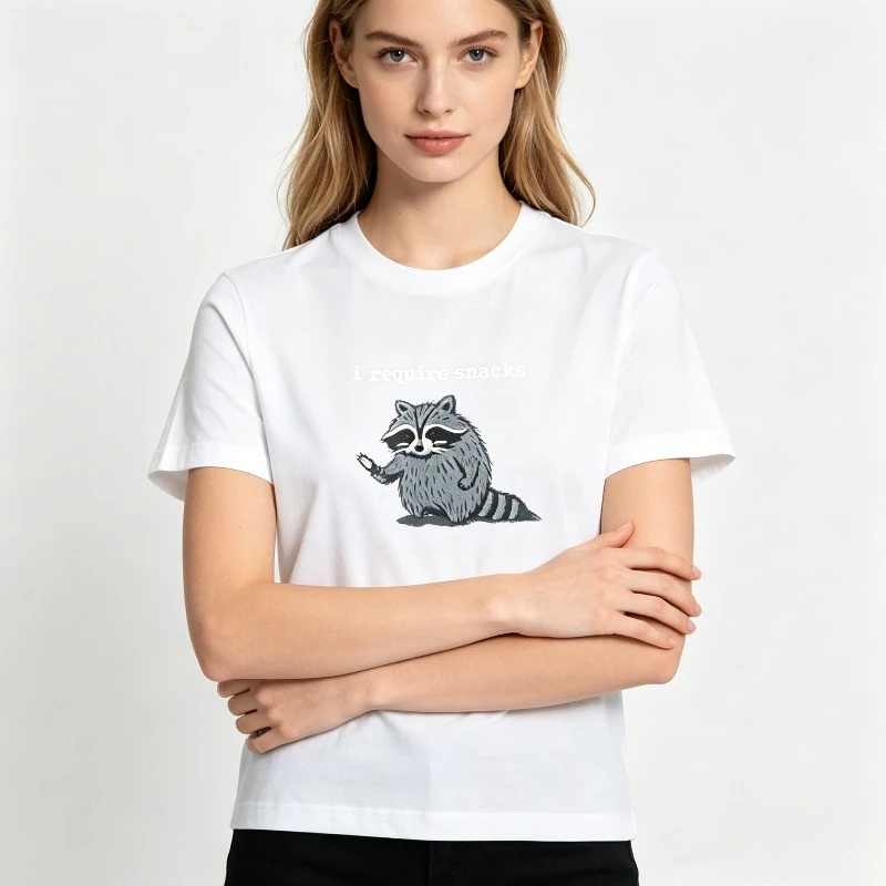Ladies Funny Animal Print T-Shirt Cute Raccoon Snacks Slogan Casual Short Sleeve Tops