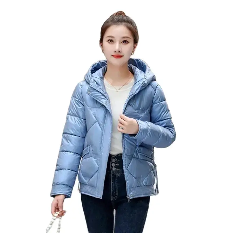 

Winter Glossy Down Cotton Jacket Women 2023 New Loose Hooded Coat Fashion Concealed Zipper Parka Overcoat Outerwear Female