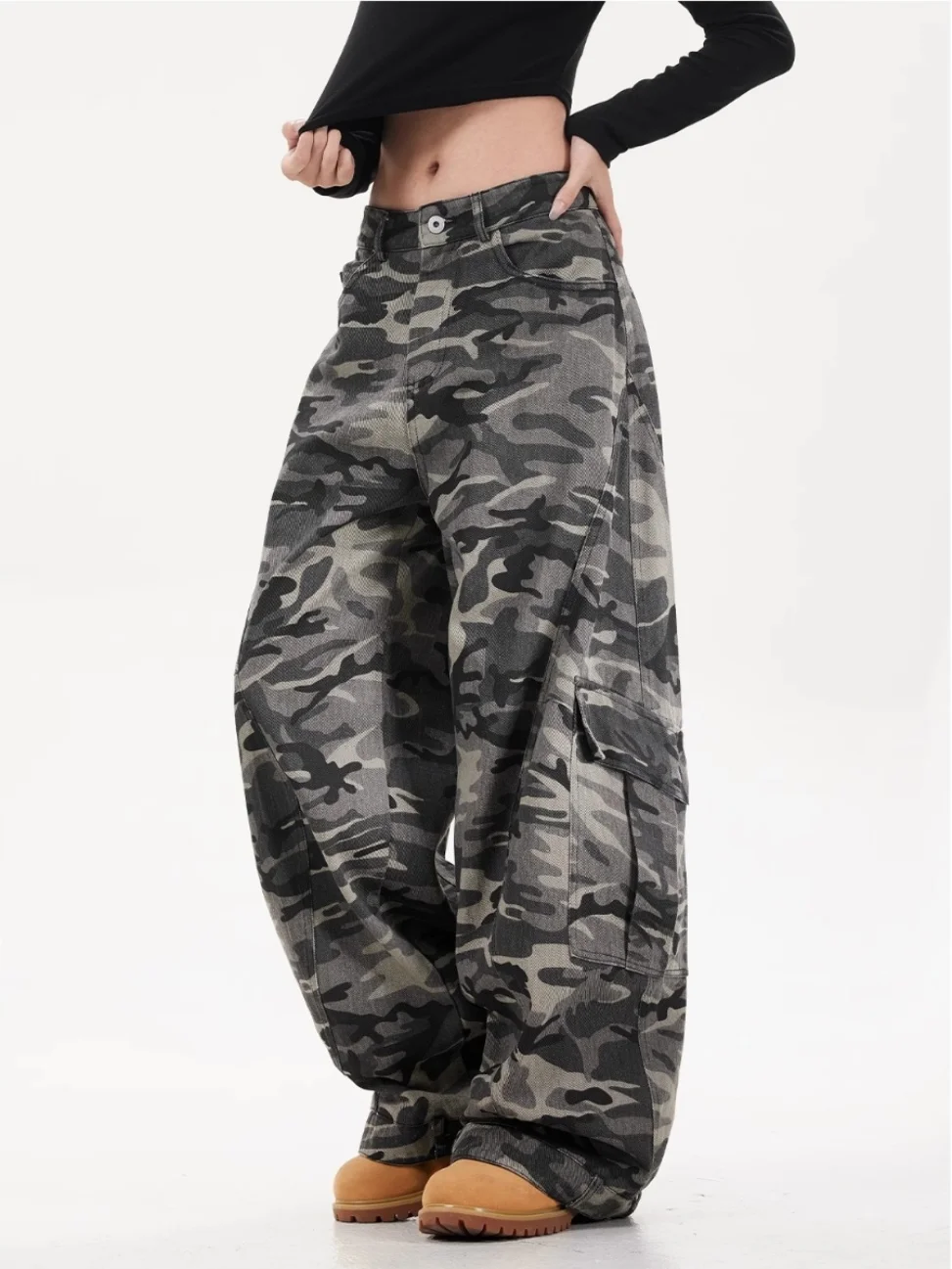 

American Camouflage Work Pants Multi-Pocket Wide Leg Jeans Men's Loose Hip Hop Street Style Trousers High Waist Long Pants