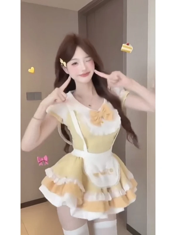 

Cute Bubbly Girl Student Uniform Set with Apron Patchwork Puffy Sleeves Bow Knot Top And Skirt Two Piece Sweet Style Summer O...