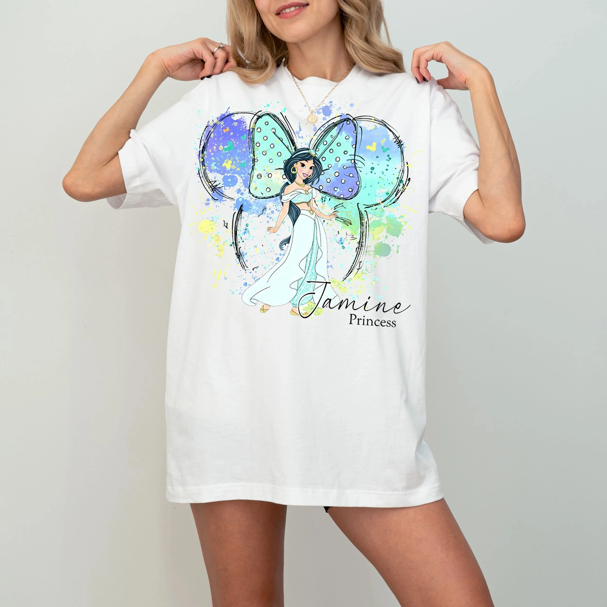 

Новинка лета 2024, ретро рубашка Жасмин Аладдина, милая футболка принцессы с Минни ушками, акварельная футболка принцессы Диснея, большая