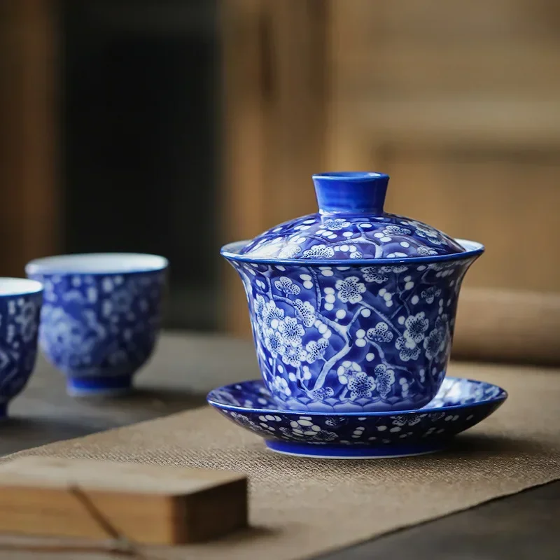 Blue and White Porcelain Set, Gaiwan, Tea Tureen, Ceramic Cup Set, Chinese Tea, Full Color, Prunus Mume, 3 Pcs