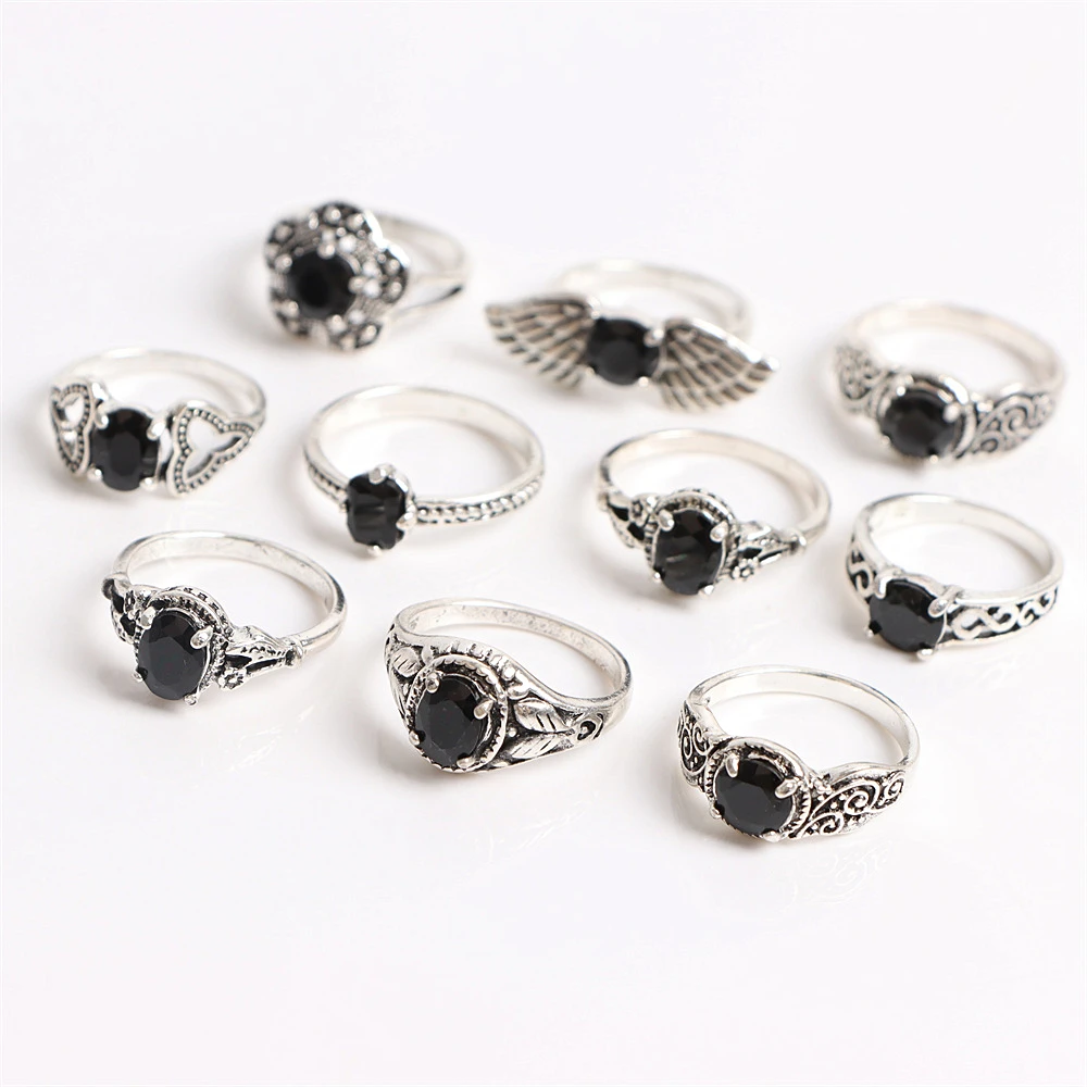 20 pz/lotto Vintage Black Crystal Wings Geometry Rings For Women Mix Style Fashion Jewelry accessori regali per feste