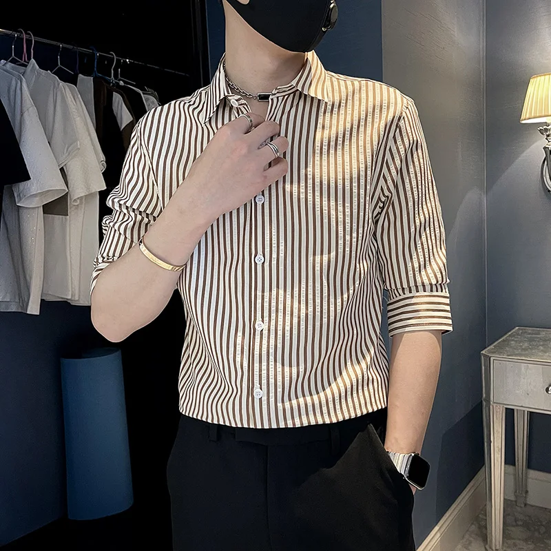 

Slim Fit Men's XS Shirt Casual Striped Seven Sleeve Spring 155 Youth Fashionable Korean Style Small Size Standard Edition