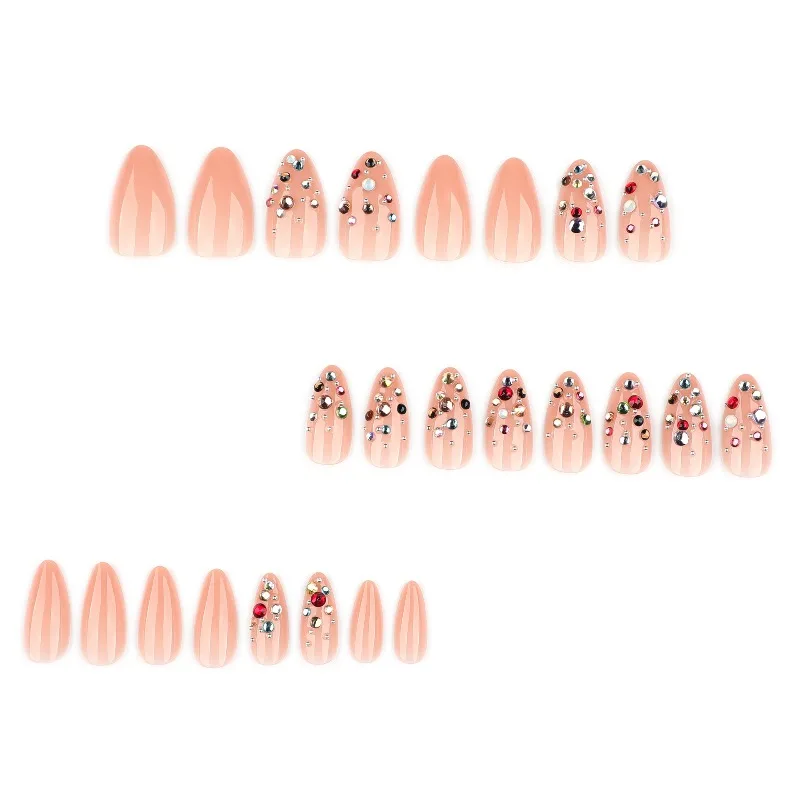 24PCS Simple Nude Almond Press on Nails Luxury Multicolor Rhinestone Design French Fake Nails for Women Wearable False Nails Art