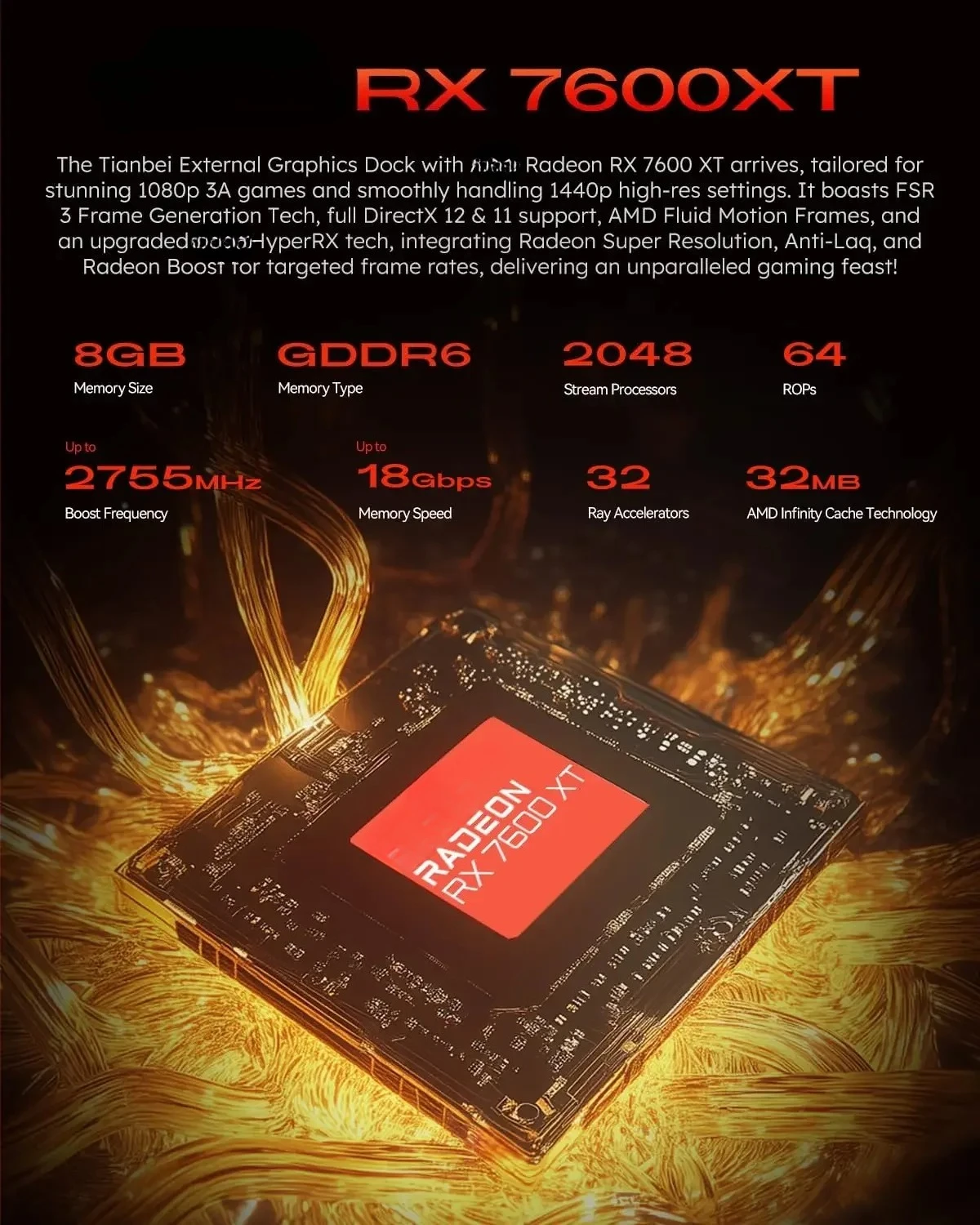 RDNA3 아키텍처 2300MHz OCulink PCI4.0x4 USB4 240W PC 전원 공급 장치 A00STAR EGPU 그래픽 카드 RX 7600XT 8GB GDDR6 썸네일 3