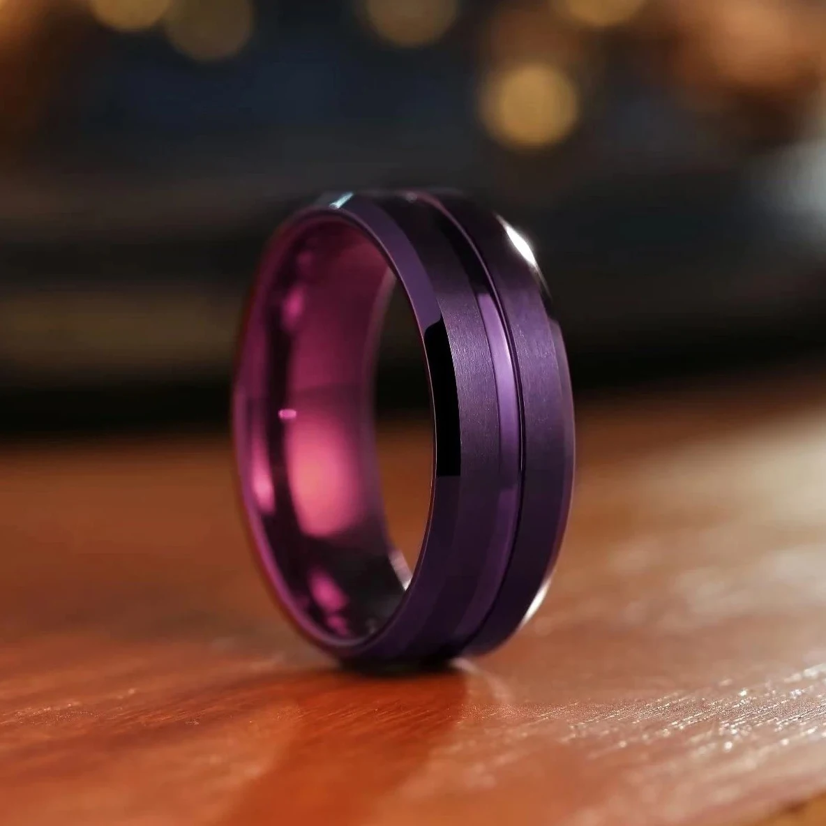 Fashion 8mm Purple Stainless Steel Rings For Men Women Purple Color Brushed Beveled Edge Men Promise Rings Wedding Bands Jewelry