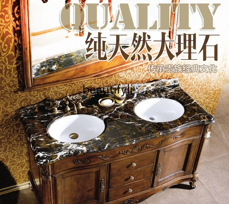

ff European Solid Wood Bathroom Cabinet Red Oak Marble Basin Cabinet Toilet Wash Table
