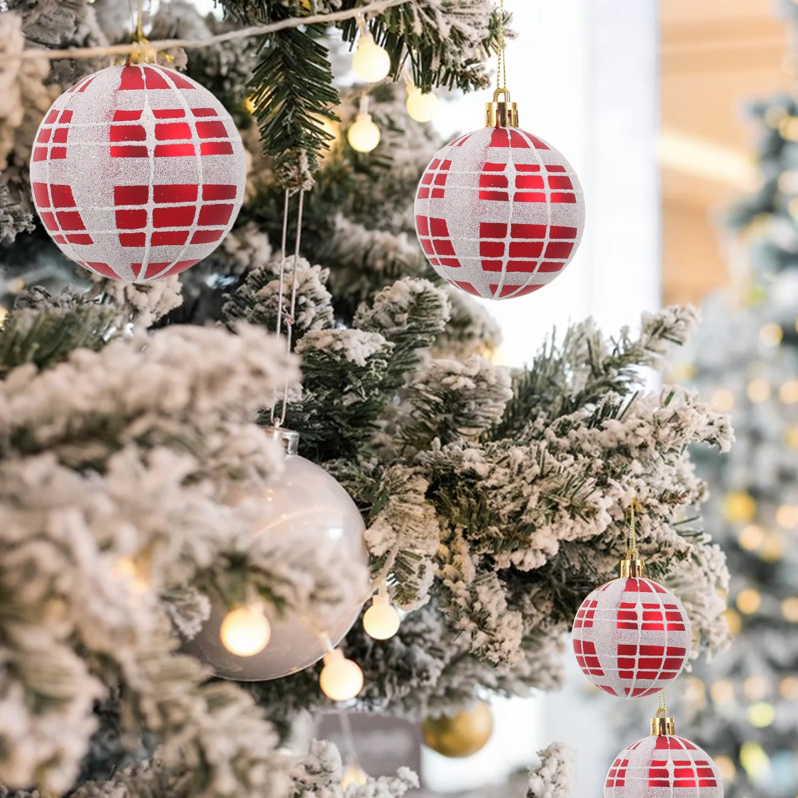 

6Pcs Christmas Tree Hanging Ornaments Plaid Shatterproof Plastic Balls Xmas Holiday Baubles Decorations Ornament Balls