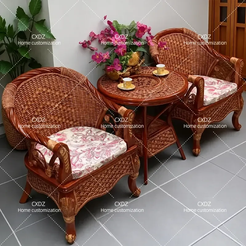 Natural Rattan Chair 3 Piece Set Balcony Leisure Armchair with Backrest Tea Table Combination for Home Living Room Outdoor