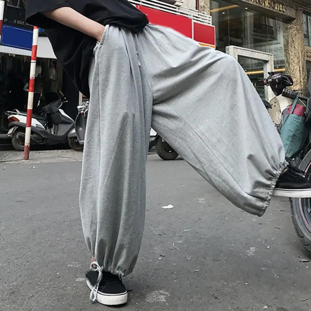 Men Joggers Sweatpants Men Lantern Pants Wide Leg Loose Deep Crotch Elastic Waist Ankle Length Solid Color Long Trousers