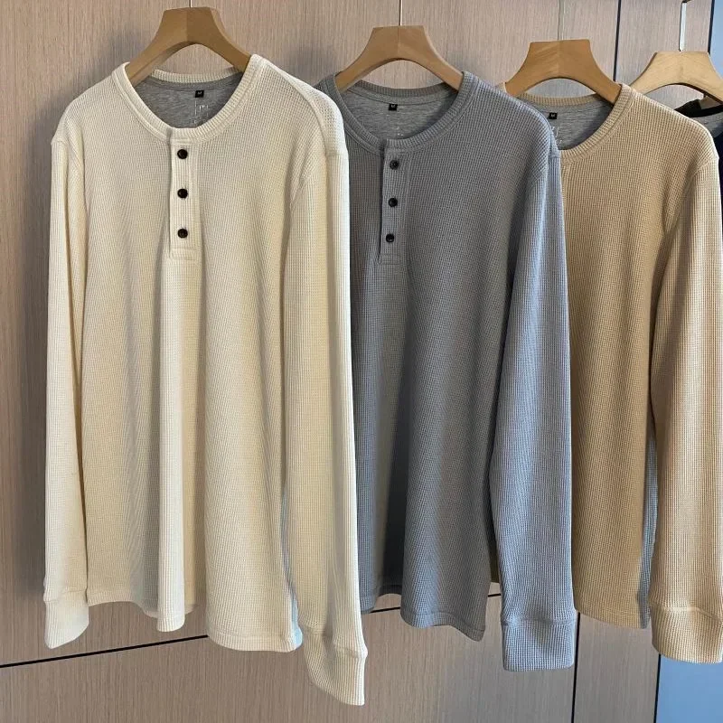 High Quality Soft Breathable Waffle Henley Collar Men\'s T-Shirt Spring Solid Cotton Pullover Long Sleeve T-Shirt Bottoming Tops