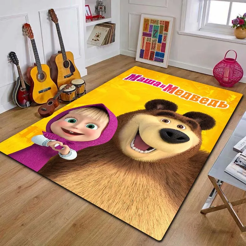 3D M-Masha and The Bear Area Rug 3D Cartoon Print Non Slip Washable Floor Mat Kids Playroom Bedroom Living Room Home Decor Gift