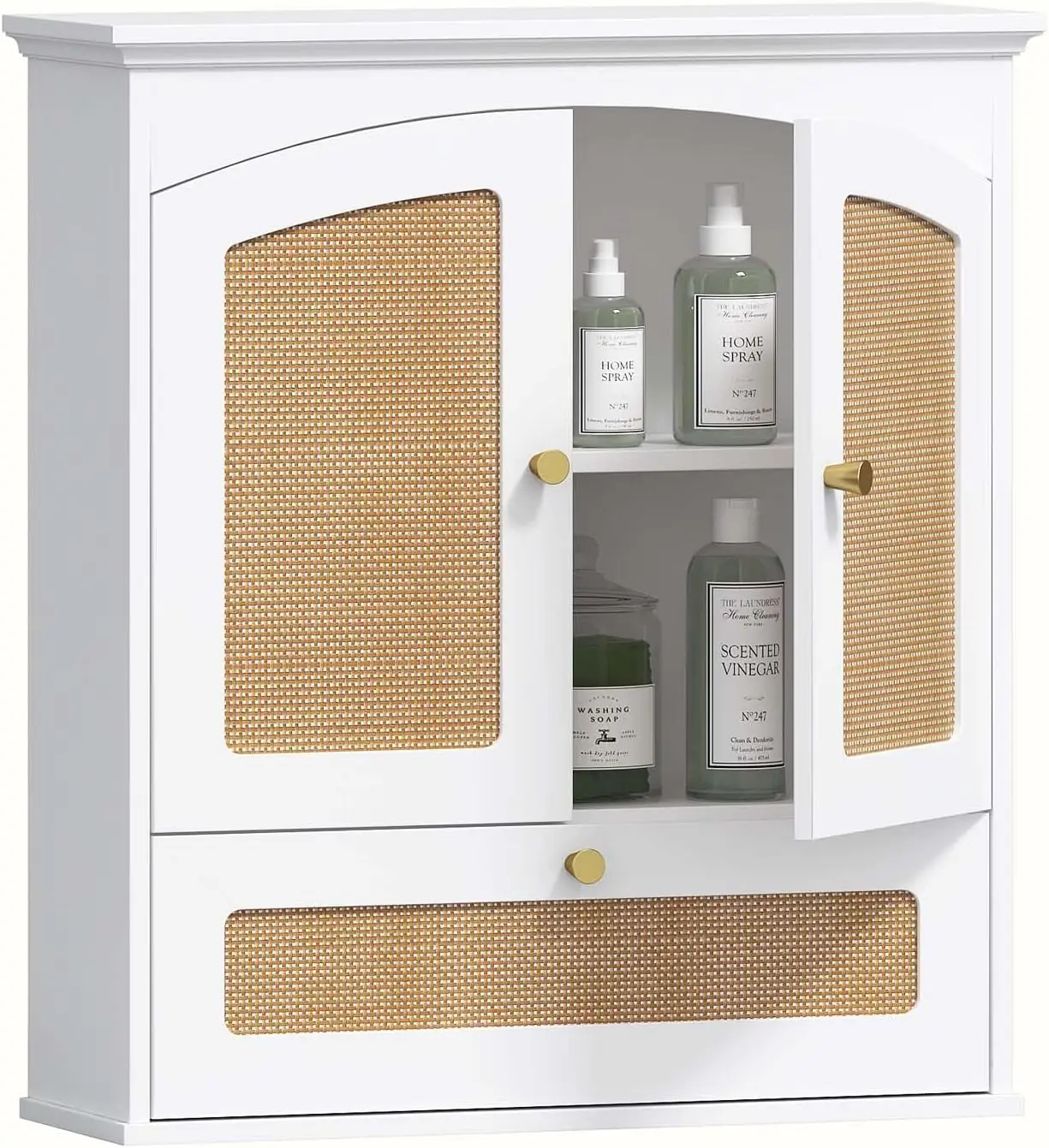 Bathroom Wall Cabinet, Boho Rattan Arched Medicine Cabinet, White