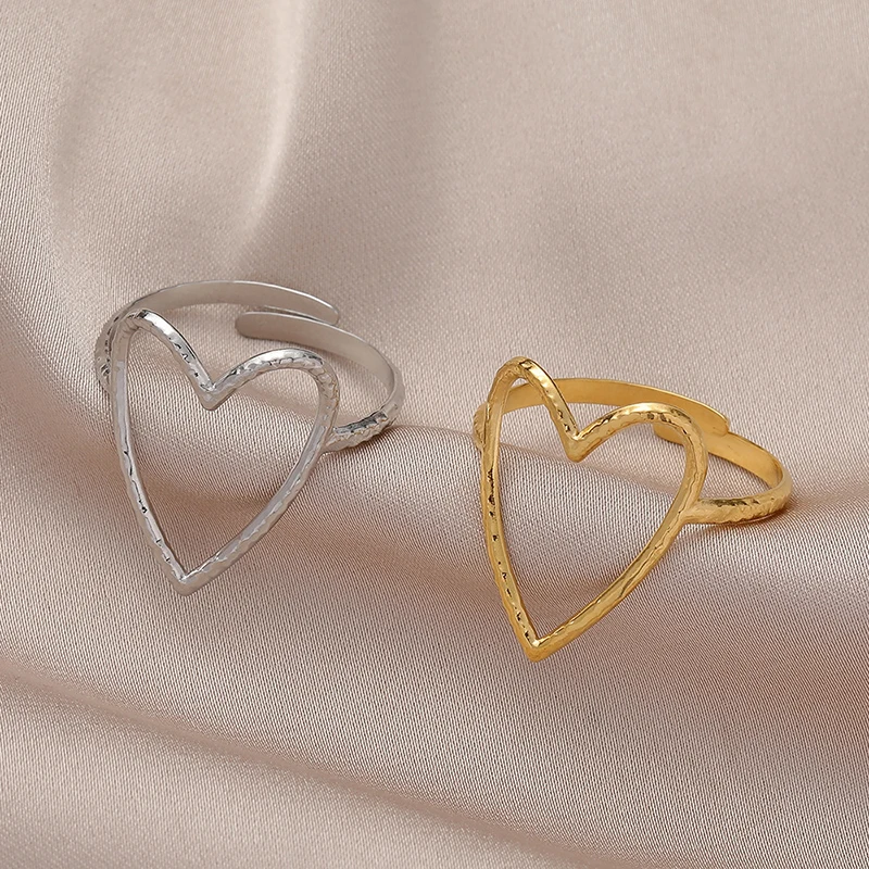 Stainless Steel Big Heart Rings Trend Adjustable Opening Rings for Women Couple Gift Punk Fashion Engagement Party Jewelry 2023