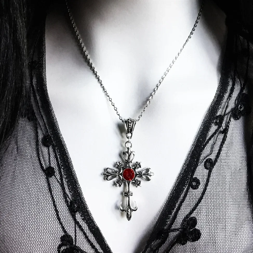 Vintage Ruby Cross Necklace Gothic Dark Fashion Pendant Necklace