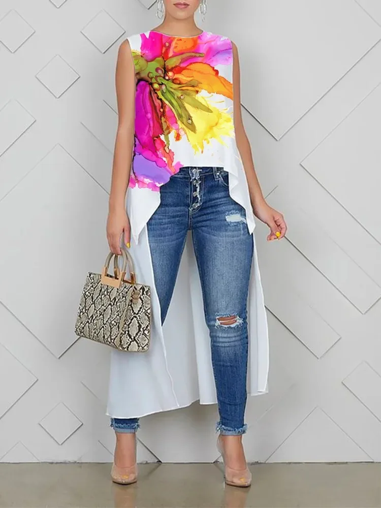 

Modigirl 2025 Summer Woman Long Vest Top High-Low Flower Print Round-Neck Casual Sleeveless Loose Simple T-Shirts Tops For Women