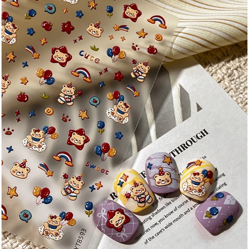 Cute Cartoon Bear Nail Stickers Lion Rainbow Balloon Pattern Design Self-adhesive Nail Decoration Sticker Accessories DIY Decal