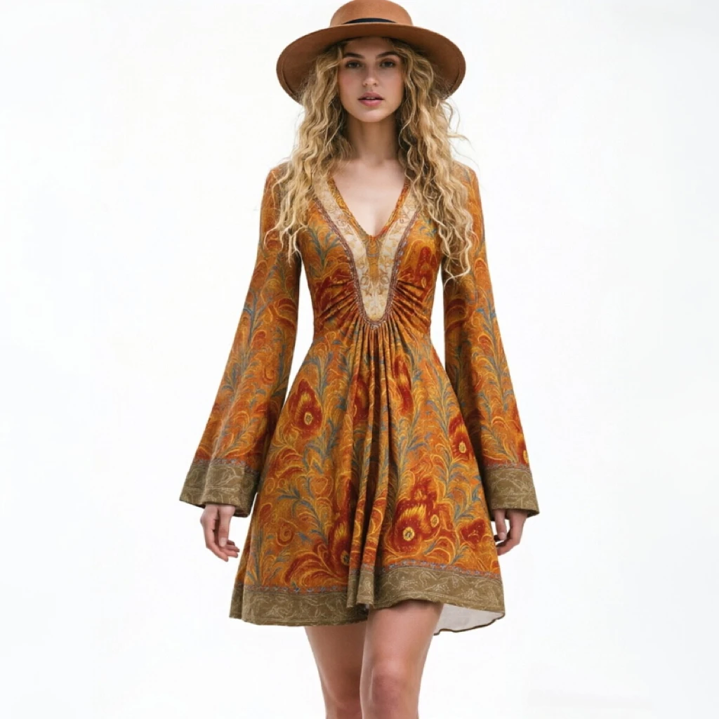 

Women Vintage Bohemian Style Dress Flare Long Sleeve V-neck A-line Slim Mini Dress for Women Female Boho Floral Printed Dress