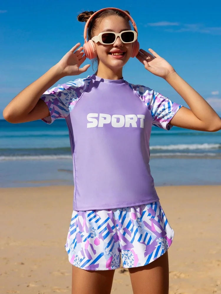 الفتيات الاطفال ملابس السباحة 2026 جديد الأرجواني إلكتروني قصيرة الأكمام ملابس سباحة للأطفال الصيف السراويل 2 قطعة بحر ثوب السباحة السباحة