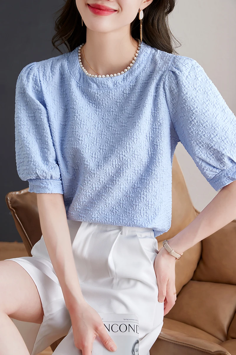 New Summer Fashion Short Sleeve O-Neck Women Blouse Beading Chiffon Blouse Shirt Women Tops Blusas Para Mujer Camisas Blusa K240