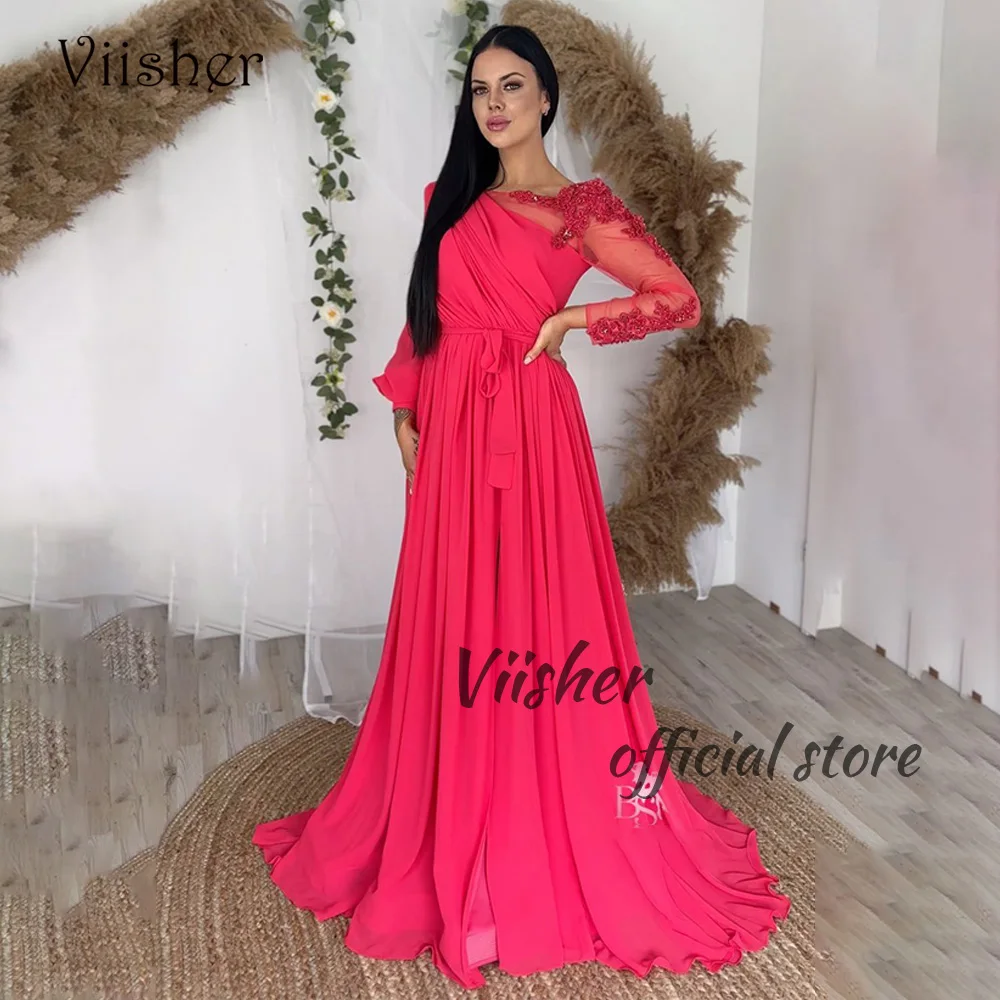 

Viisher Hot Pink Chiffon Evening Dresses for Women Long Sleeve O Neck Formal Prom Dress with Beads Evening Party Dress with Slit