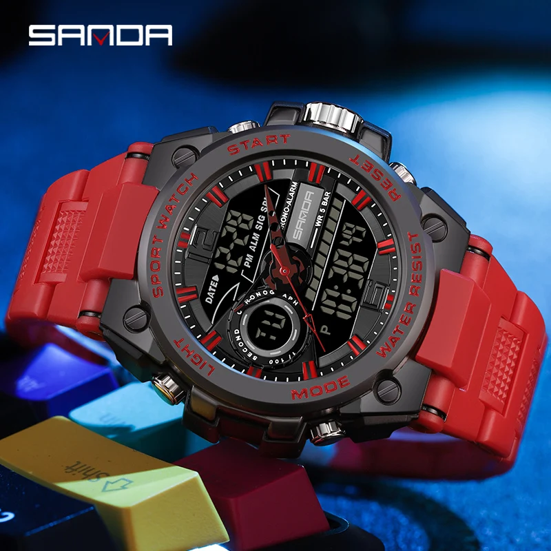 Sanda Trendy Mannen Multifunctionele Dual Display Horloge Hd Led Digitale 50M Waterdichte Militaire Horloges Wekker Timing Reloj 9010