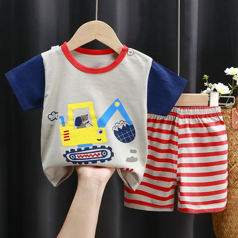 Summer Kids Casual Pajamas Toddler Baby Boys Cute Cartoon Print Short Sleeve T-Shirt Tops with Shorts Children Clothing Sets