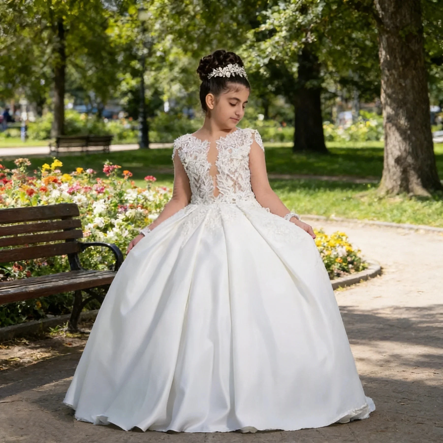 Custom Luxury Flower Girl Gown Wedding Birthday Pageant Catwalk Lace V Back Bow White Satin Kids Gown فساتين اطفال