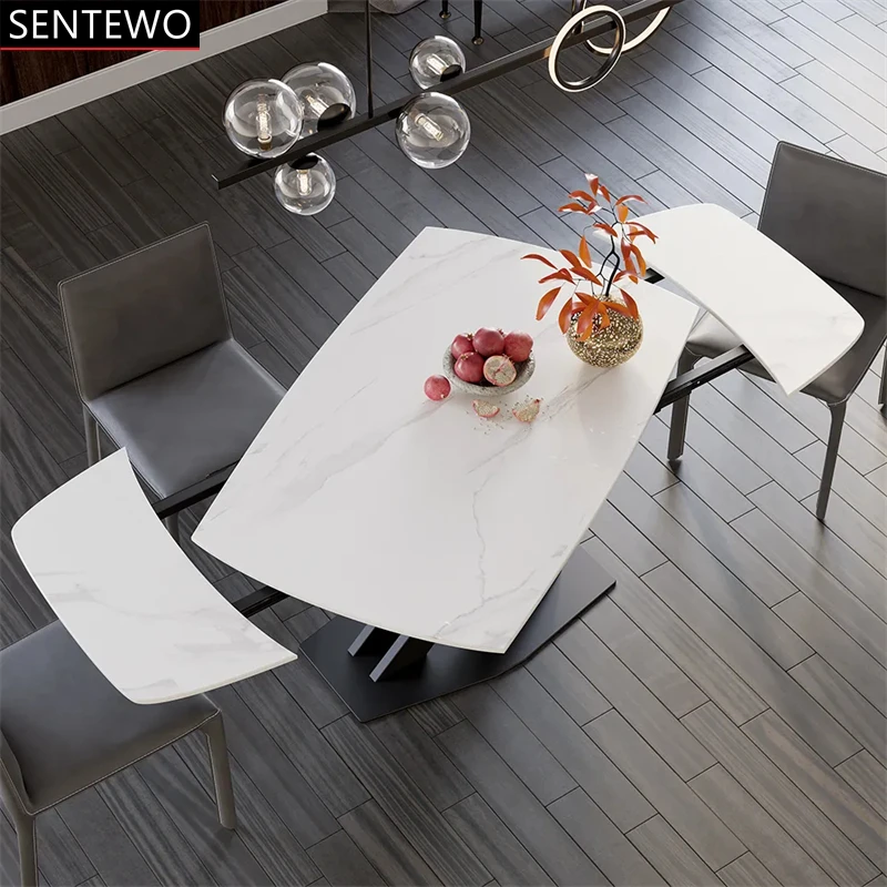 

SENTEWO Free Shipping Modern Extendable White Rock Slab Dining Table With 4 6 8 Chairs Carbon Steel Base In Black Folding Table