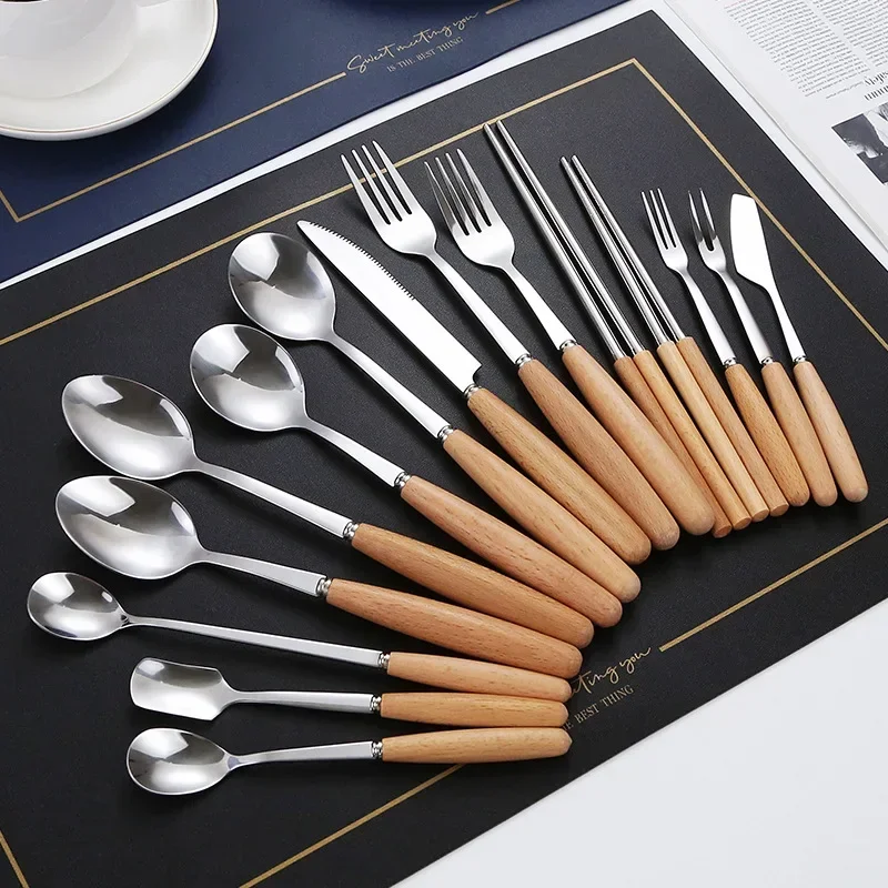 12/15/18/24 Pcs Stainless Wooden Handle Cutlery Set Portable Tableware Knife Fork Spoon Chopsticks Fashionable Kitchen Utensils