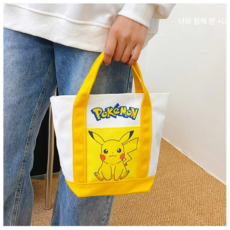 Pokemon Pikachu Handbag Cartoon Large Capacity Bento Lunch Bags Portable Canvas Tote Shopping Pouch Student Camping Picnic Bags