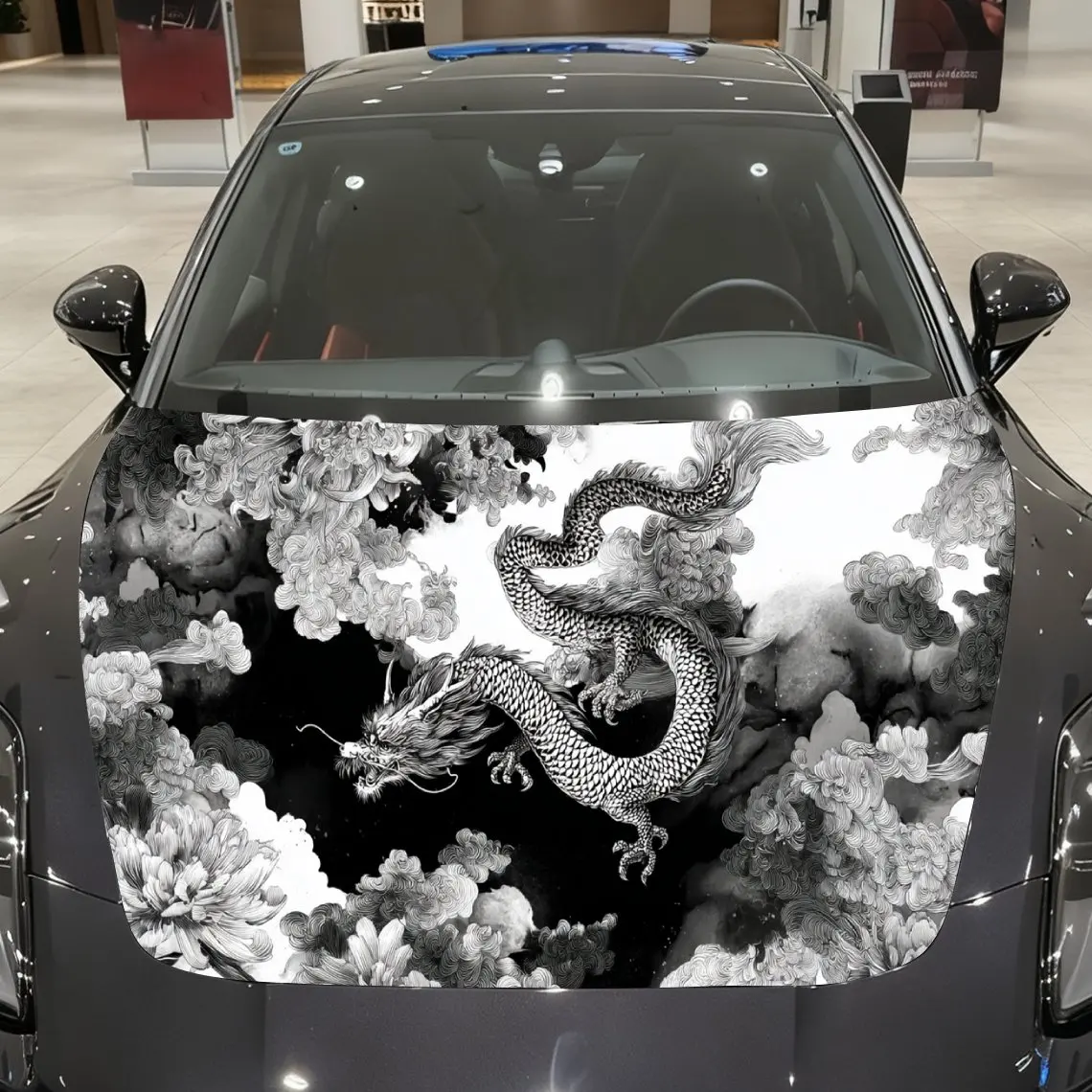 Ink Dragon Piercing Clouds Among Flowers Car Vinyl Wrap, PVC Material Waterproof Car Hood Sticker, Self-Adhesive Scratch-Resista