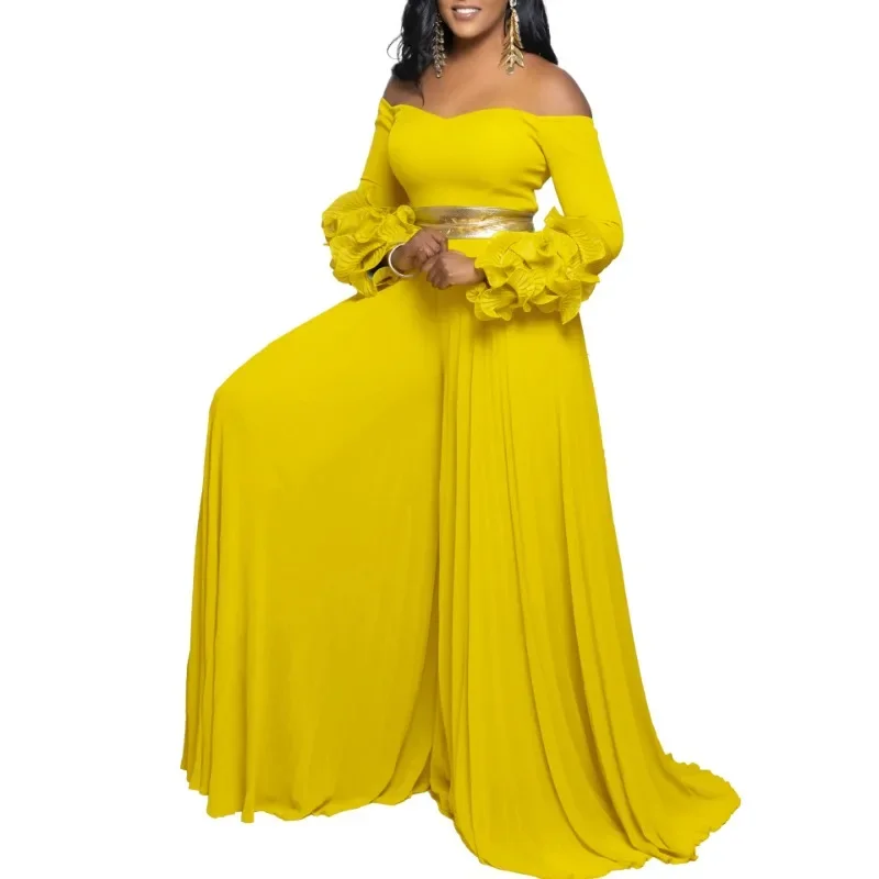 

Elegant Pleated Jumpsuit 2025 New Fashionable One-piece Collar Ruffled Sleeves Solid Color Pleated Wide Leg African Jumpsuit