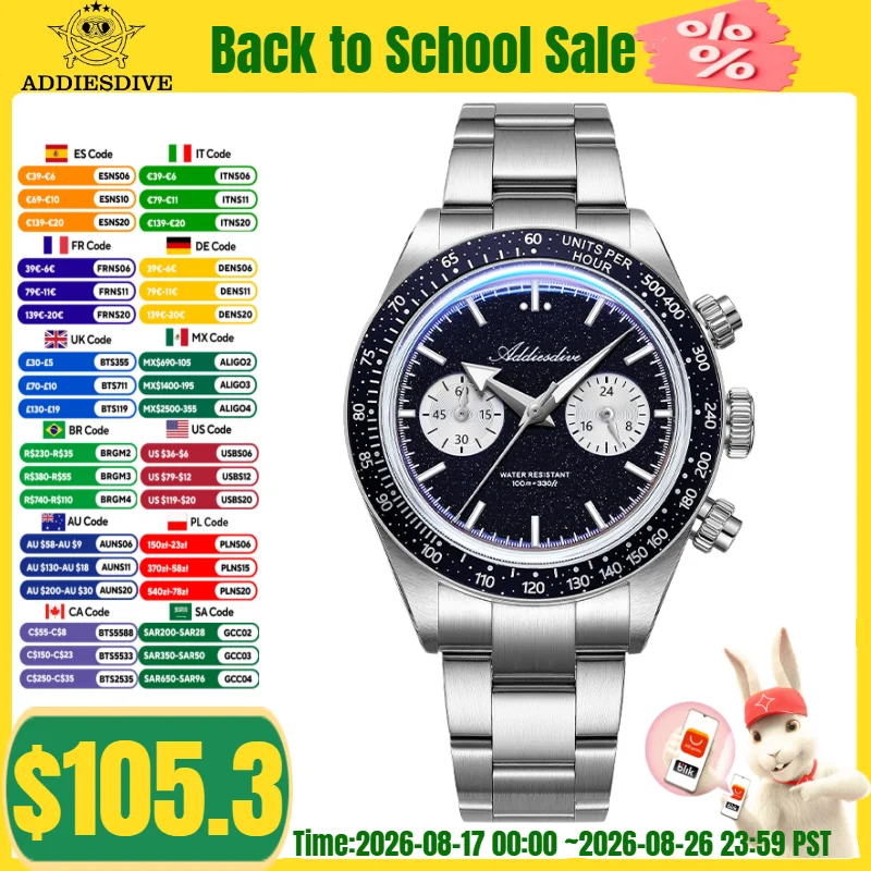 ADDIESDIVE Watch For Men AD2558 316L Stainless Steel 10Bar Waterproof BGW9 Luminous VK64 Quartz ”Starry Sky“ Chronograph Watch