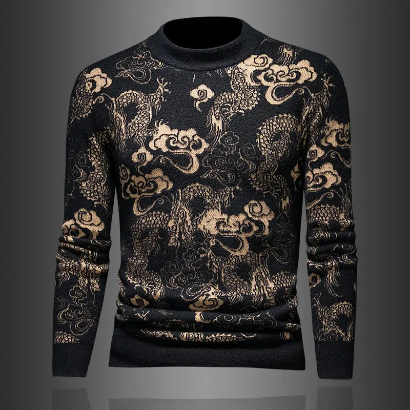 Korean Loong Print Knitted Sweater Long-sleeved Pullover Knitted Sweater Jersey Navidad Hombre Fashion Sweater Maglione Natale