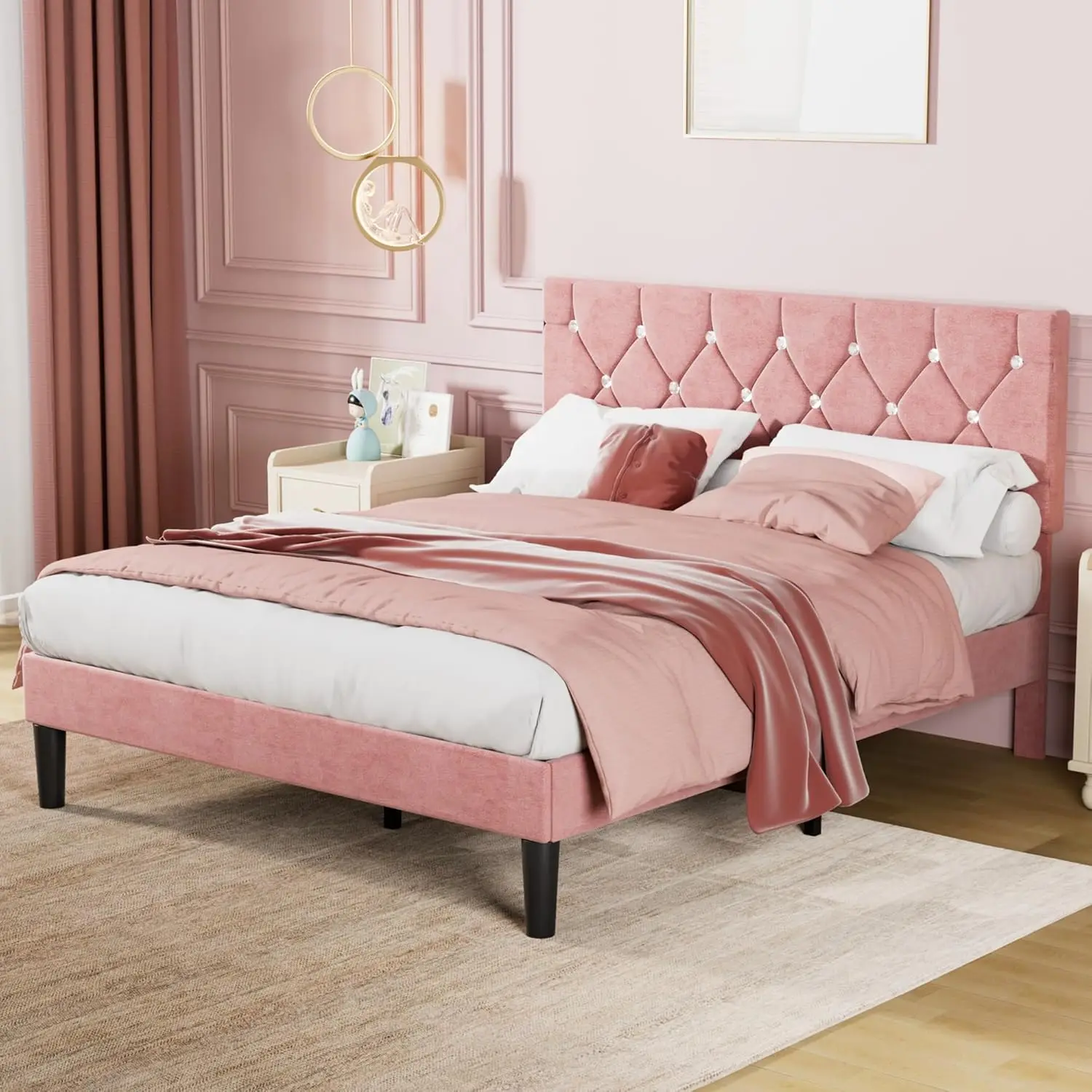 Upholstered Platform with Adjustable Diamond Tufted Headboard, Wood Slat Support, No Box Spring Needed