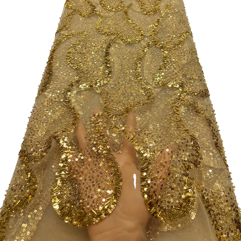 French luxurious lace mesh fabric, high-quality African beaded pearl flower sequin embroidery fabric, lace trim fabric