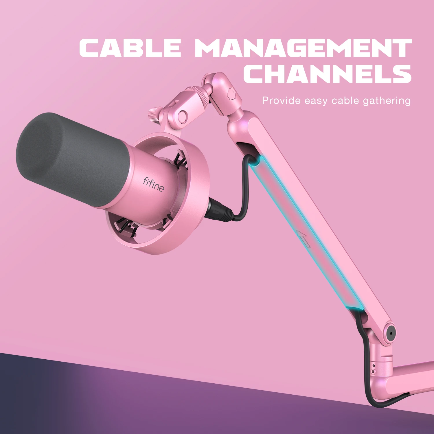 FIFINE Microphone Low Profile Boom ,Metal Adjustable Mic Arm with Cable Management/C-Clamp for Streaming AM8,K688-BM88P-Pink