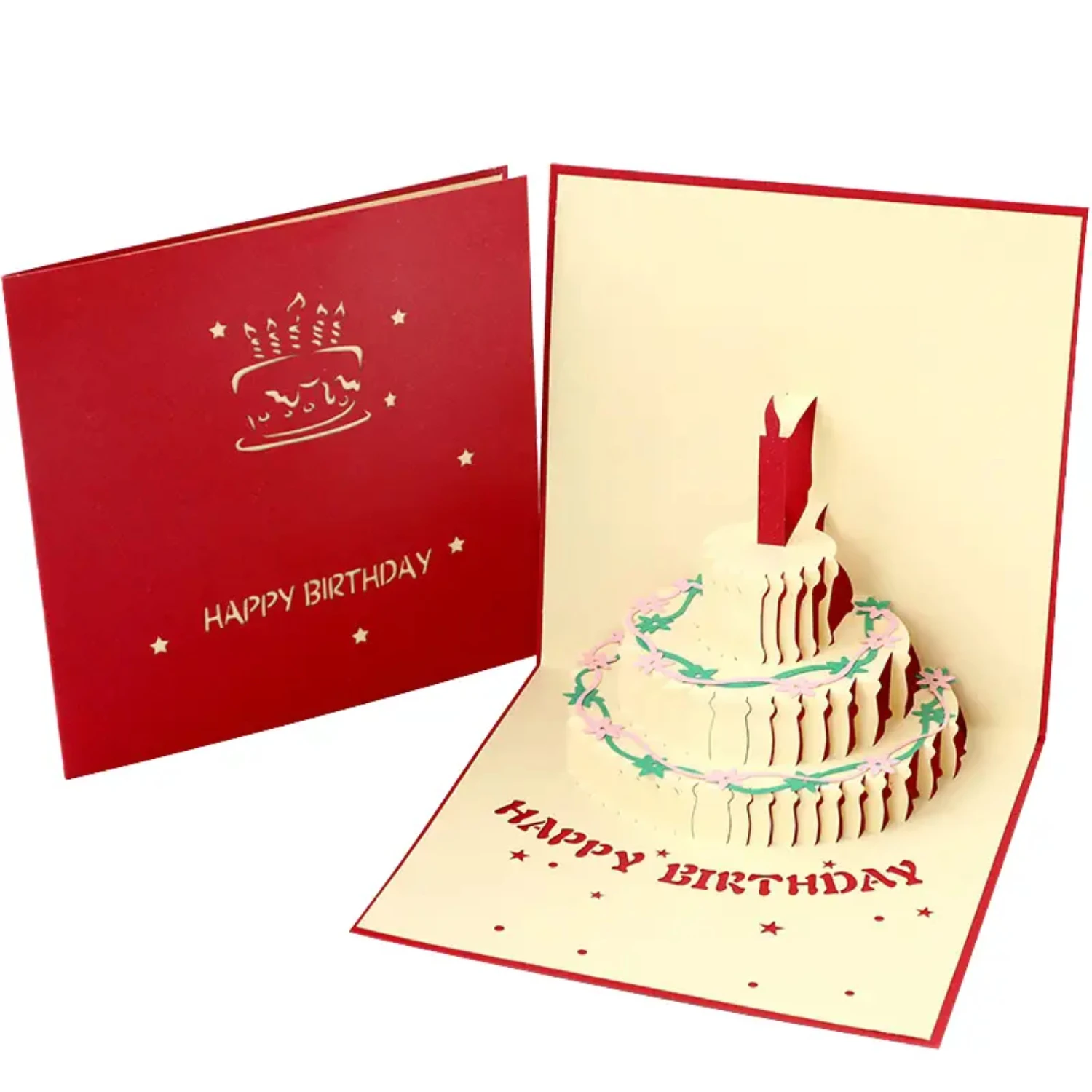 

Creative 3D Birthday Cake Pop Up Greeting Card, Unique Paper Carving Design, Holiday Blessing Message, One Piece Blue/Red Card