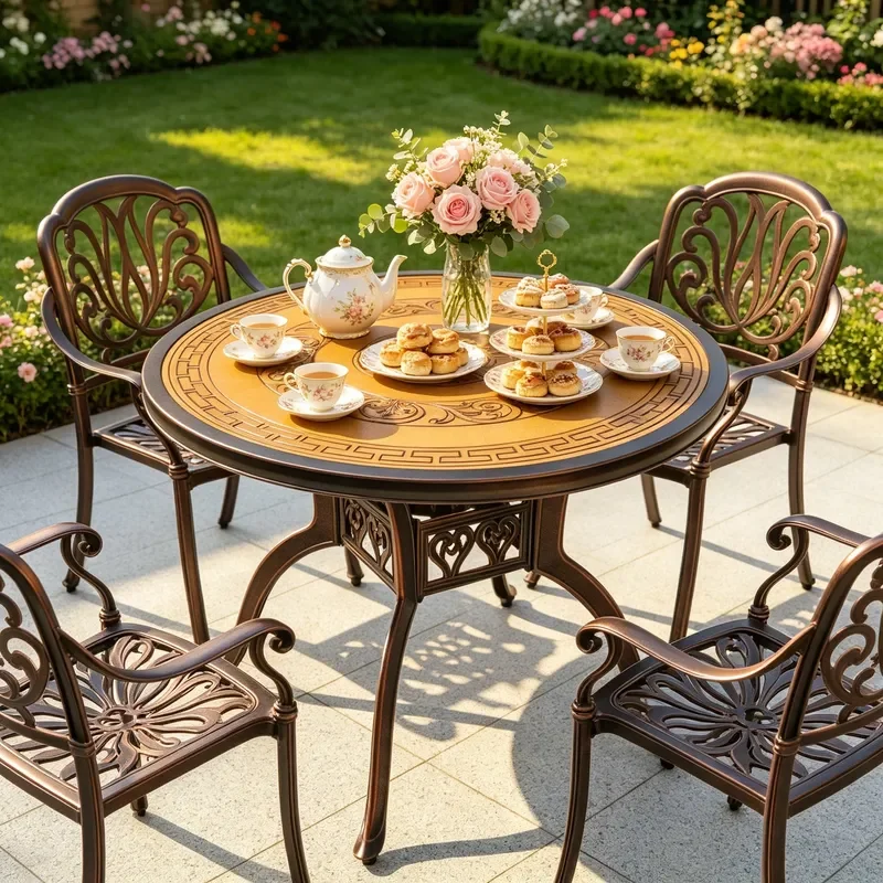 Outdoor Round Cast Aluminum Carved Table Relief Countertop Casual Dining Table for Courtyard Balcony XZM-101-1