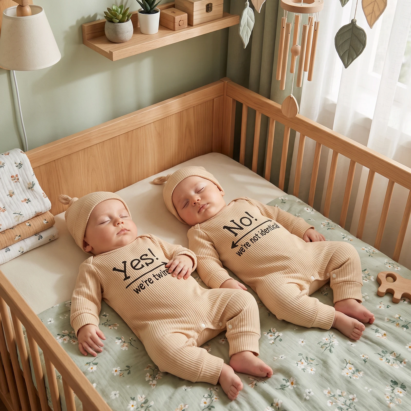 Twin Baby Outfits Letter Print Ribbed Crew Neck Long Sleeve Romper and Hat