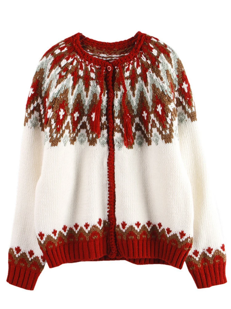 

Women Cardigan Sweater Knitting Casual Loose O Neck Long Sleeve Jacquard Casual Loose Autumn Winter New 2022