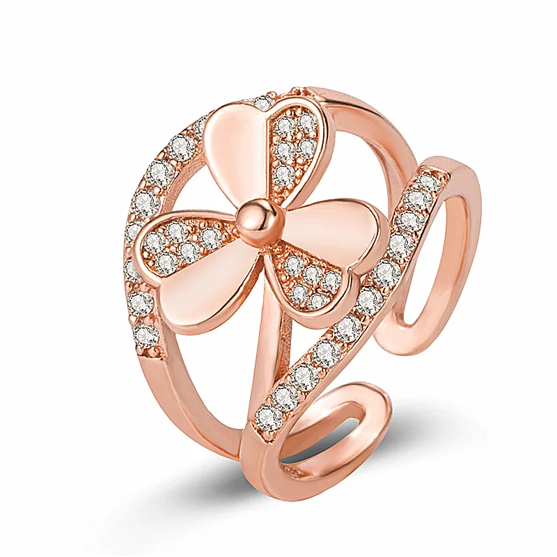 Gold Silver Rings Double Layer Heart Cute Lucky 3 Leaf Clover Opening Rings For Women Jewelry