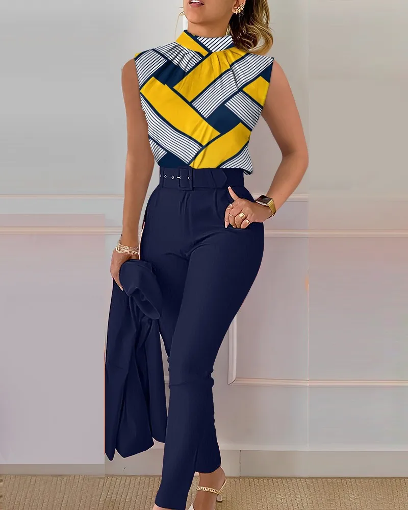Two Piece Set Women Print Slim Fit Sleeveless Tops Stand Collar Splice Pencil Pant Sets High Waist Elegant Lady Outwear