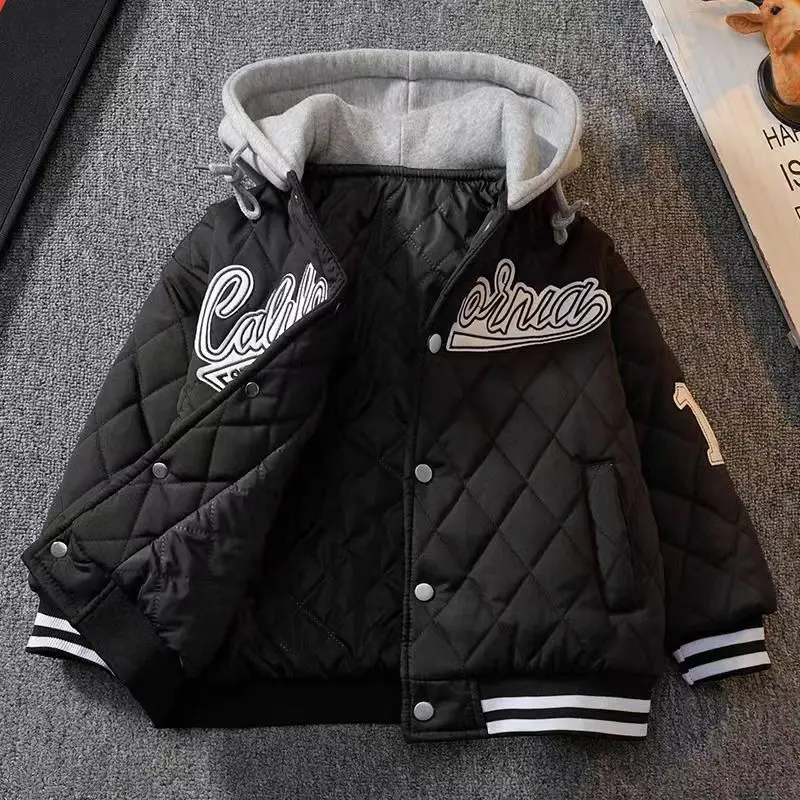 Kids Boys Autumn And Winter Hooded Baseball Jacket 2023 New Clothing Children\'s Cotton Jacket Korean Version With Thick Jacket