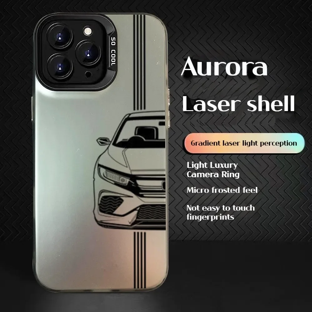 Line Art Of Civic Car Phone Case For IPhone 16 Pro Max 15 14 13 12 XS Plus 11 Fashion Matte Aurora Laser Gradient Shockproof Co