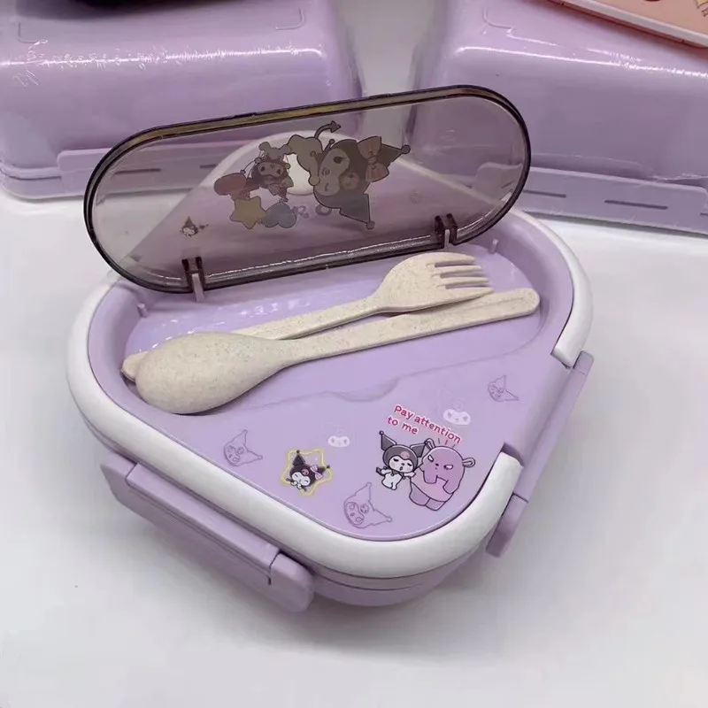 Sanrio Lunch Box Hello Kitty Kuromi Square Portable Three-Piece Lunch Box Fork Spoon Crisper Box Portable Student Tableware Gift